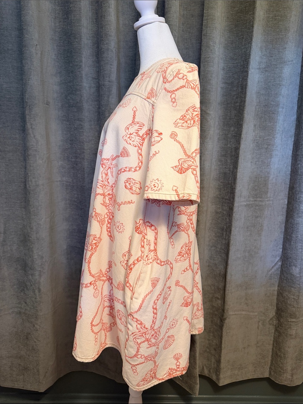 Ganni Cream Mini Dress with Coral Rope & Shell Print - Picture 2 of 7